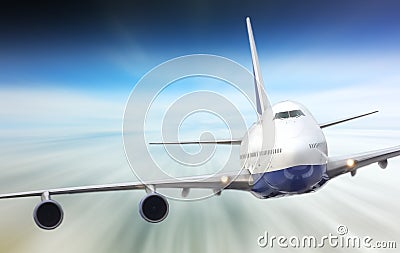 Large passenger plane in blue sky Stock Photo