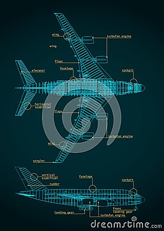 Large passenger plane blueprint Vector Illustration