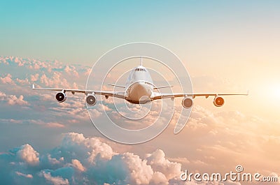 Large passenger plane with four engines flies in the sky at sunset Stock Photo