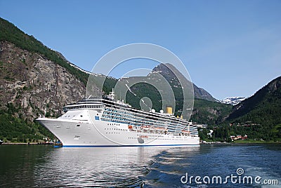 Large passenger ship in Geiranger Stock Photo