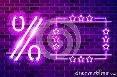 Large percent symbol with empty starred frame glowing purple neon lamp sign Vector Illustration