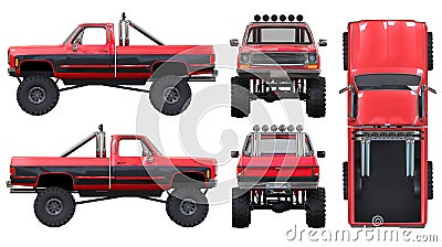 Large pickup truck off-road. Full - training. Highly raised suspension. Huge wheels with spikes for rocks and mud. 3d Cartoon Illustration