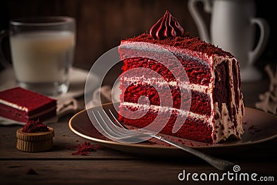 large piece of delicious festive red velvet cake on table Stock Photo