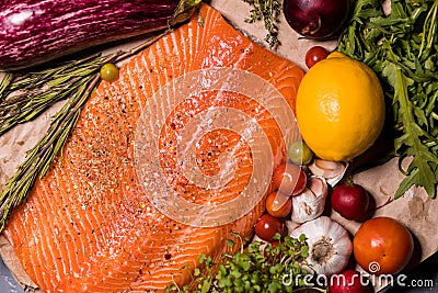 A large piece of fresh salmon fillet on the table Stock Photo