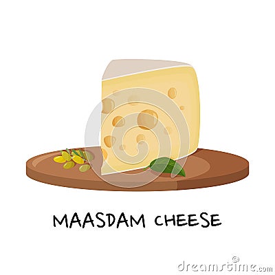 Large piece of Maasdam cheese on a wooden tray. Realictic vector illustration for meal design. Isolated on white Vector Illustration