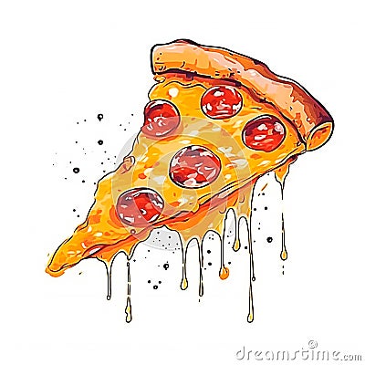 A large piece of pepperoni pizza with hot cheese flows down the isolate. Stock Photo