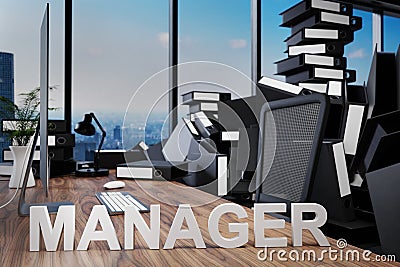 Large pile of document folders and stack of ring binders flooding modern office workplace with pc and skyline view; manager Stock Photo