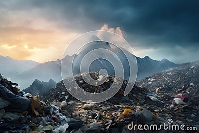 Large pile of garbage and discarded items under stormy sky. A landfill with cans, bottles, and other trash. Ideal for Stock Photo