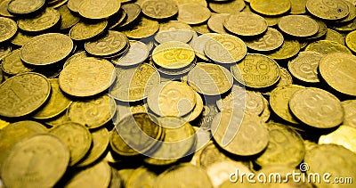 A large pile of Ukrainian coins of 50 and 25 kopecks Stock Photo