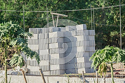 Large piles of brick block prepared for construction Stock Photo