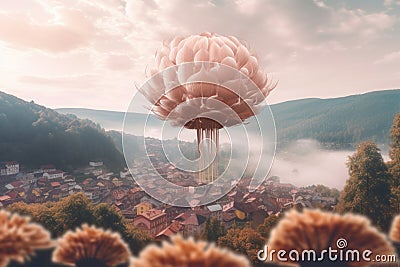 A large pink flower in the middle of a town. Generative AI image. Stock Photo