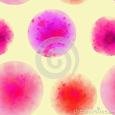 Orange and Pink Stain Pattern Isolated on Yellow. Watercolor Hand Painted Pink Dot Seamless Pattern. Stock Photo