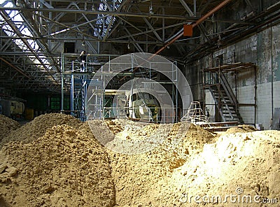 Large, plant production of aircraft waste piles woodworking industry in the shop Stock Photo