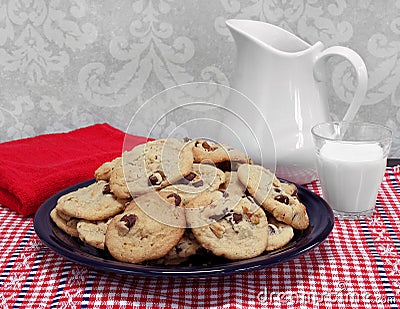 Large plate of homemade chocolate chip and walnut cookies. Stock Photo