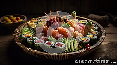 Large plate, sushi set, generated by artificial intelligence Stock Photo