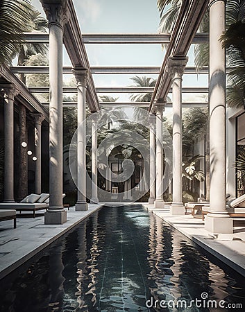 A large pool in the middle of a building, a digital rendering in tropical style Stock Photo