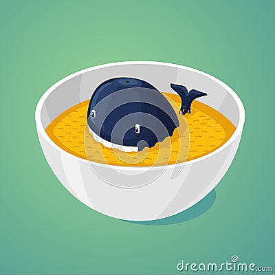 Large portion. Blue whale in the plate of food. Vector Illustration