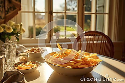 Large portion of french fries on plate Stock Photo