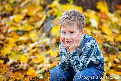 Large portrait of a boy in the open air. Cute boy walking in the autumn Park. The child looks at the camera with a smile Stock Photo