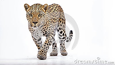 A large and powerful leopard with a thick coat of fur, sharp, and a long tail with a white background Stock Photo