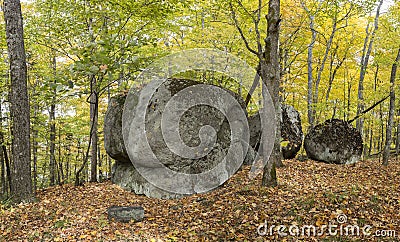 Large Precambrian Boulders in a Fall Forest - Ontario, Canada Stock Photo