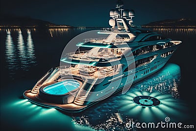 A large private luxurious modern private super yacht a swimming pool and a jacuzzi, Generative AI Stock Photo