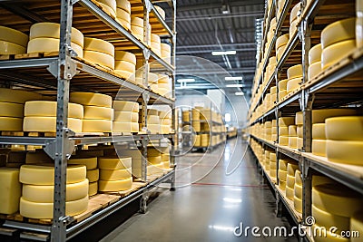 A large production room filled with many racks and shelves with different types of cheese. The cheese matures in a special room at Stock Photo