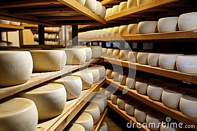 A large production room filled with many racks and shelves with different types of cheese. The cheese matures in a special room at Stock Photo