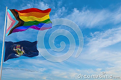 large progress lgbtq flag and flag of Maine state, USA waving in the wind at cloudy sky. Freedom and love concept. Pride month. Cartoon Illustration