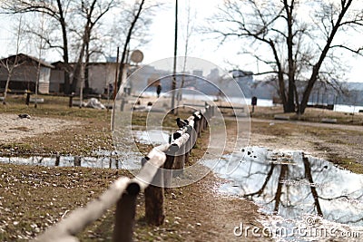 large puddles on the beach after rain in bad weather Stock Photo