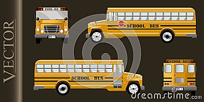 Large realistic school bus.Image of a classic school bus, from different sides.Vector Vector Illustration