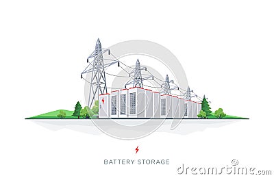 Energy Electricity Battery Storage Grid System with Power Lines Vector Illustration