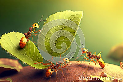 Large red ants carrying tree leaves into their anthill Stock Photo