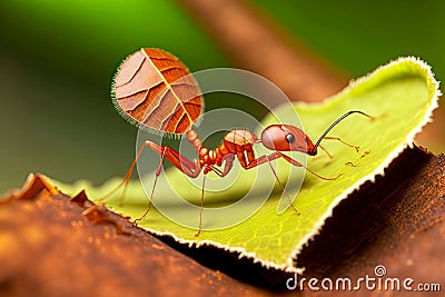 Large red ants carrying tree leaves into their anthill Stock Photo