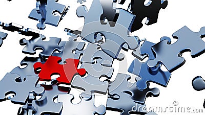Large Red piece of puzzle almost inserted between lots of Silver Puzzle Pieces in a mess Stock Photo