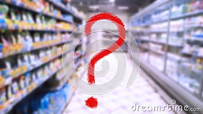 Large red question mark on abstract blur image of supermarket background. Defocused shelves with food and product. Grocery Stock Photo