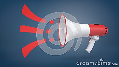A large red and white megaphone in side view on a blue background with red sound symbols getting out of it. Stock Photo