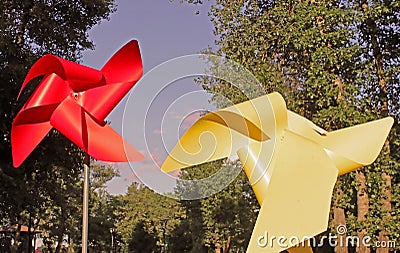 Large red and yellow children pinwheels Stock Photo