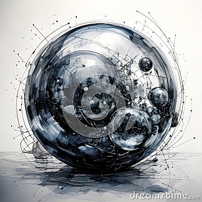 A large, reflective sphere encases smaller spheres and abstract lines, creating a complex and intriguing composition against a Stock Photo