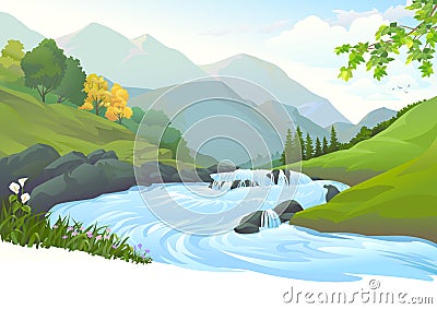 River flowing down stream across a beautiful forest Vector Illustration