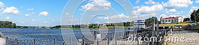 Russia. Uglich, July 2020. Panoramic view of the city berth for tourist ships. Editorial Stock Photo