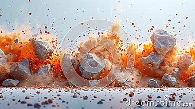 A large rock shatters into smaller rocks on a freezing mountain slope Stock Photo