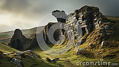Stone Ruins On The Hill: A Cinematic Rendering Of Luminist Landscapes Stock Photo