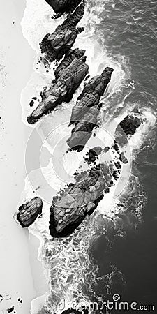 Aerial Abstractions: Black And White Beach Photography With Rocks Stock Photo