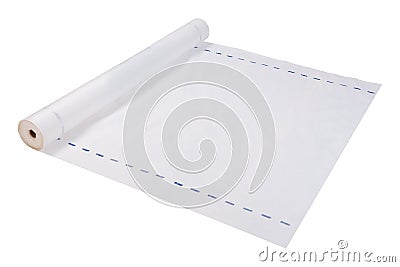 A large roll of white waterproof fabric for roof sealing, half deployed, roofing materials, isolate Stock Photo