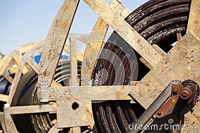 large rolls of cable at the construction site Stock Photo