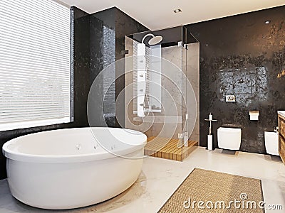 Large round bathtub with shower in the loft style bathroom Stock Photo