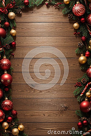 A large, round Christmas wreath is decorated with a variety of red, gold, and green ornaments. The wreath is made of pine branches Stock Photo