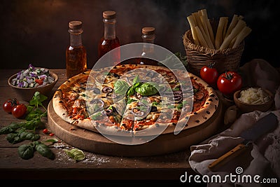 Large round Italian diet pizza on the festive wooden table. Close-up of crispy meal in a restaurant. Atmospheric moody lighting. Cartoon Illustration