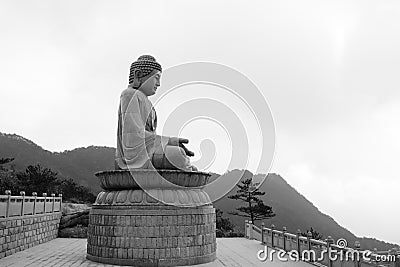 Large rulai buddha stone statue, black and white image Stock Photo